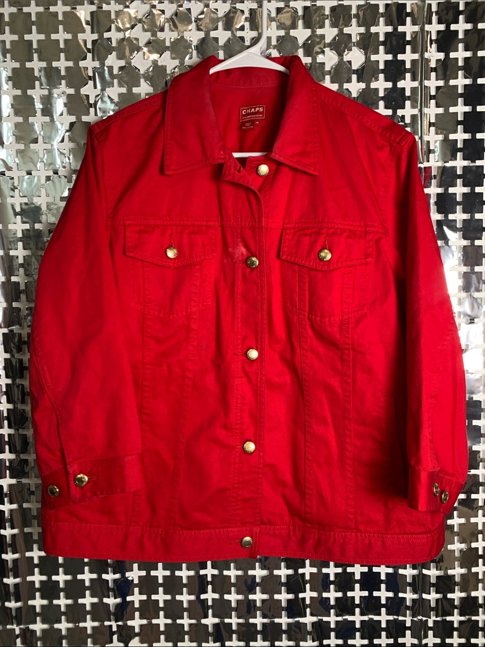Chaps Bright Red Denim Jacket with Gold Buttons